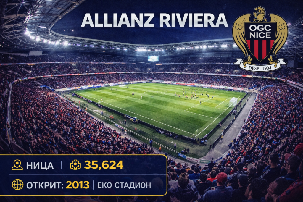 Стадион Алианц Ривиера през нощта 